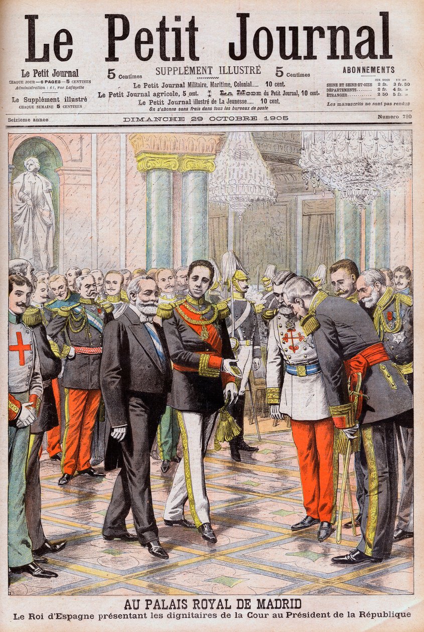 Španělský král Alfonso XIII. představuje svůj dvůr francouzskému prezidentovi Emile Loubetovi v královském paláci v Madridu. V královském paláci v Madridu. Španělský král Alfonso XIII. představuje dvorské hodnostáře prezidentovi republiky Loubetovi od French School