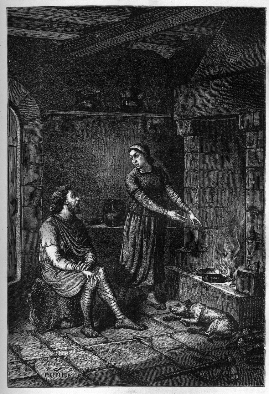 “ Král Alfréd Veliký (849-899) zapomene na koláče připravené dánským domem pod její střechou v Athelney a spálí je, 878 (rytina) od French School