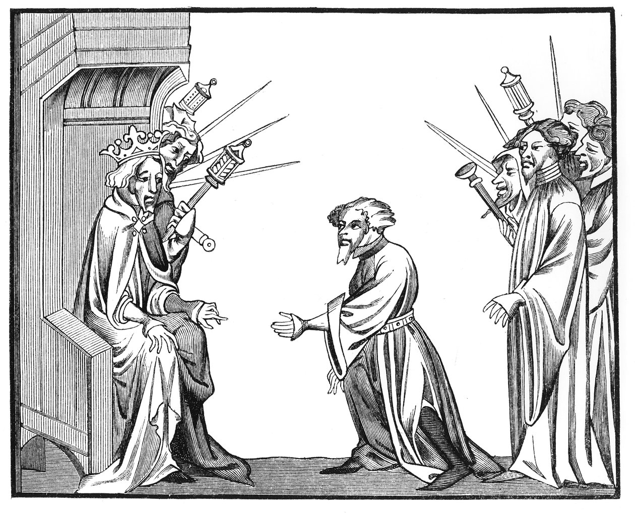 Král Karel Veliký (742-814) přijímající přísahu věrnosti a pocty od jednoho ze svých feudatorií nebo vrchních baronů z miniatury v portrétu Letopisů sv. Denise od French School