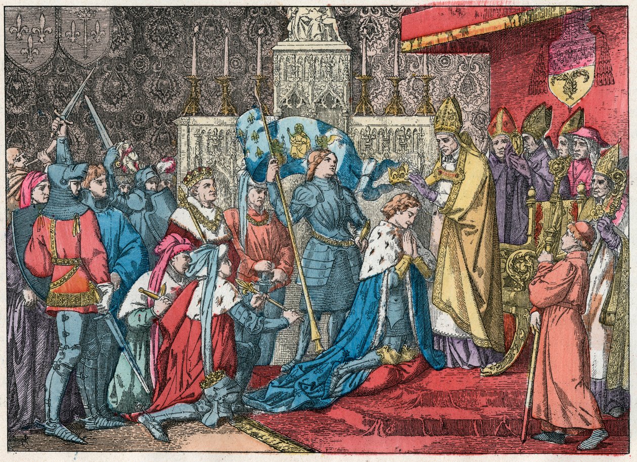 Král Karel VII. (1403-1461) přijímá korunu v katedrále v Remeši 17. 7. 1429 za přítomnosti Johanky z Arku (1412-1431) - Johanka z Arku se v Remeši zúčastňuje korunovačního ceremoniálu Karla VII. 17. července 1429 - Rytina konce 19 od French School