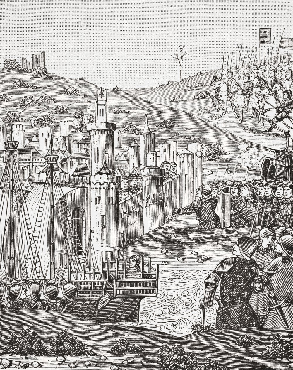 Král Karel VII. se po odchodu z Rouenu vydává obléhat město Harfleur podle miniatury z rukopisu Chroniques de Monstrelet z 15. století z knihy Věda a literatura ve středověku od hospody Paula Lacroixe. Londýn 1878 od French School