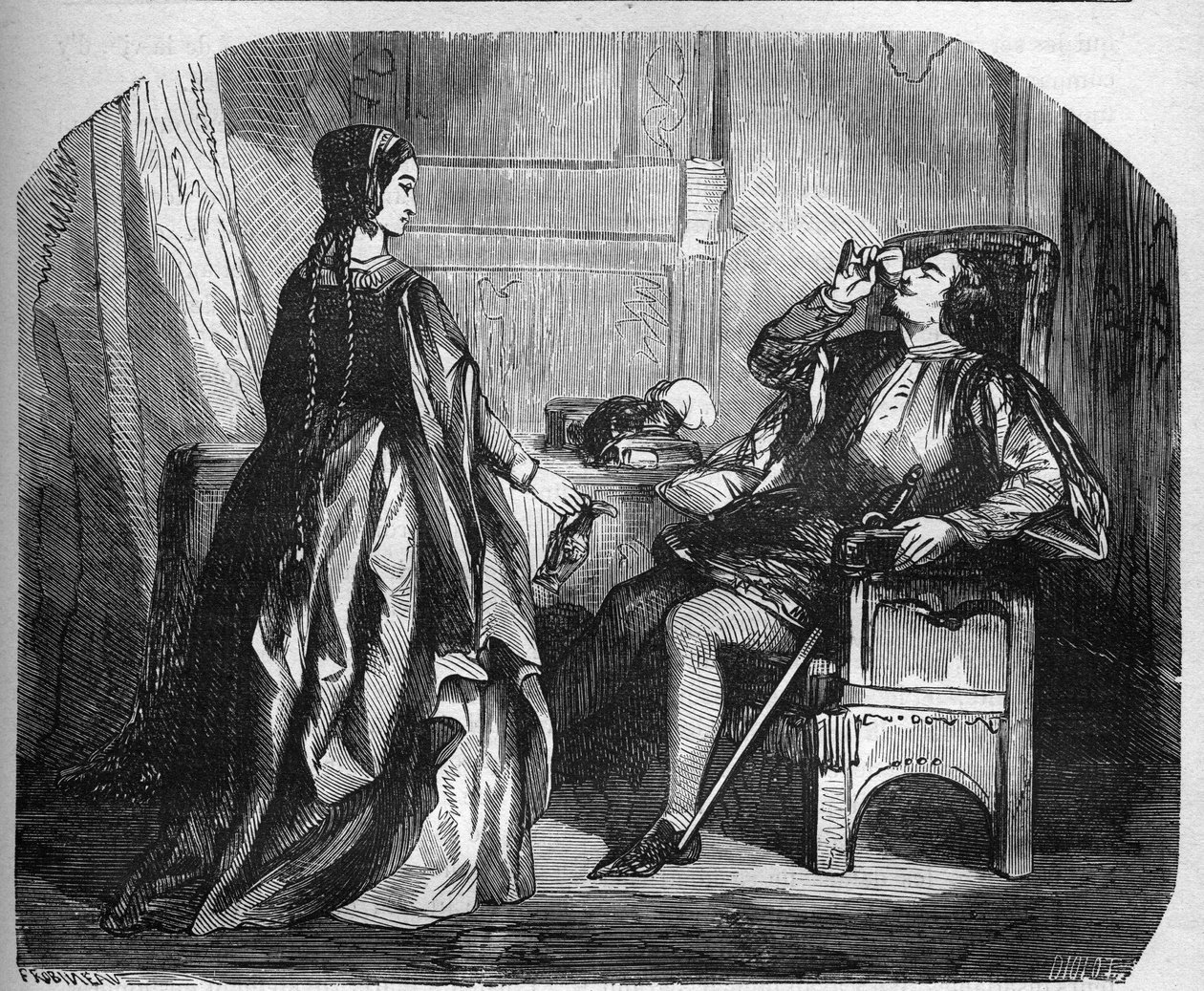 Francouzský král Karel VI., známý jako Karel Dobrý Aime, pak Karel Fol (1368-1422) se svou milenkou Odinette (Odette) de Champdivers. Rytina „Historie prostituce a zhýralosti mezi všemi národy světa od starověku až po od French School