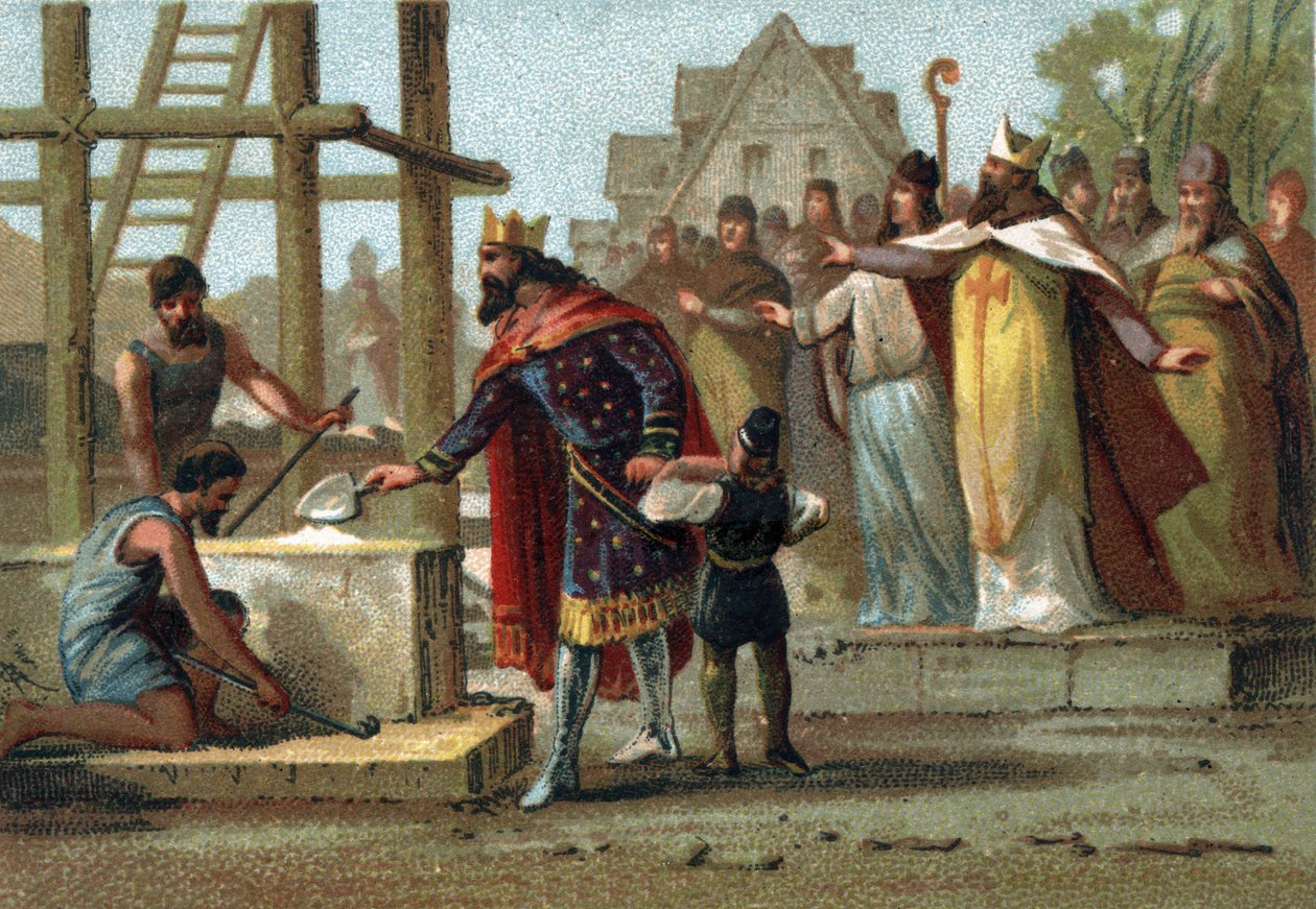 Král Dagobert I. (600-639) dohlížející na stavbu Cathedrale Saint Denis. od French School