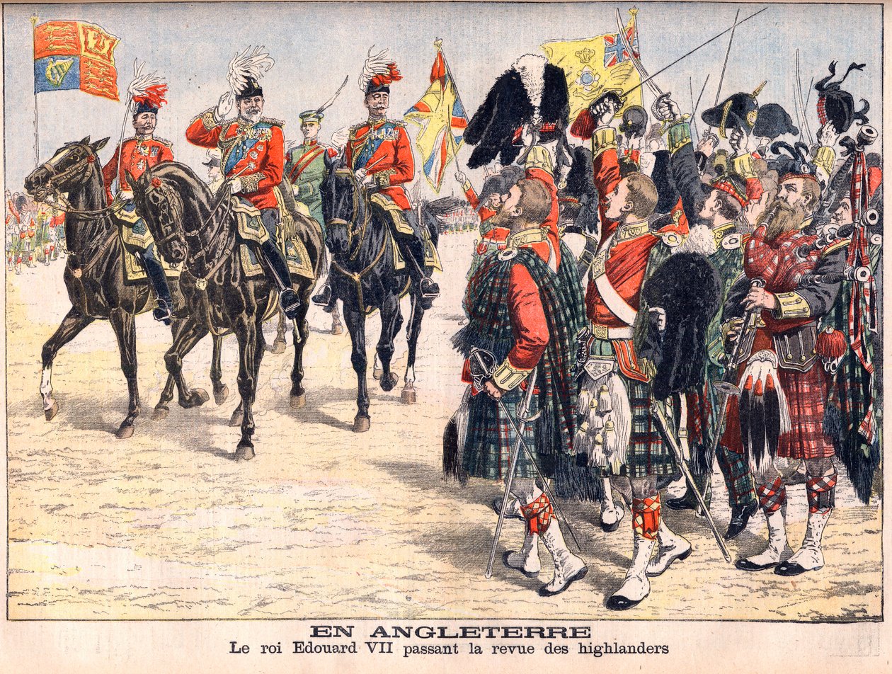 Král Edward VII. přezkoumává jednotky Vysočiny. V Anglii. Král Edward VII (1841-1910) absolvující přehled horalů. Ilustrace pro Le petit Journal, 8. října 1905. od French School
