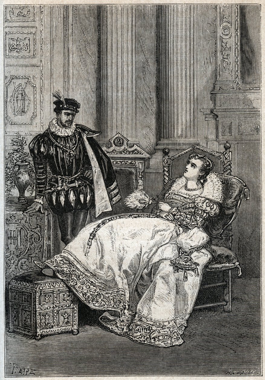 Král Jindřich II. (1519-1559) a Diane de Poitiers (1499-1566) - Jindřich II. Francouzský a Diane de Poitiers - rytina z „“ Histoire de France“ od Julese Micheleta - 1876-1877 - od French School