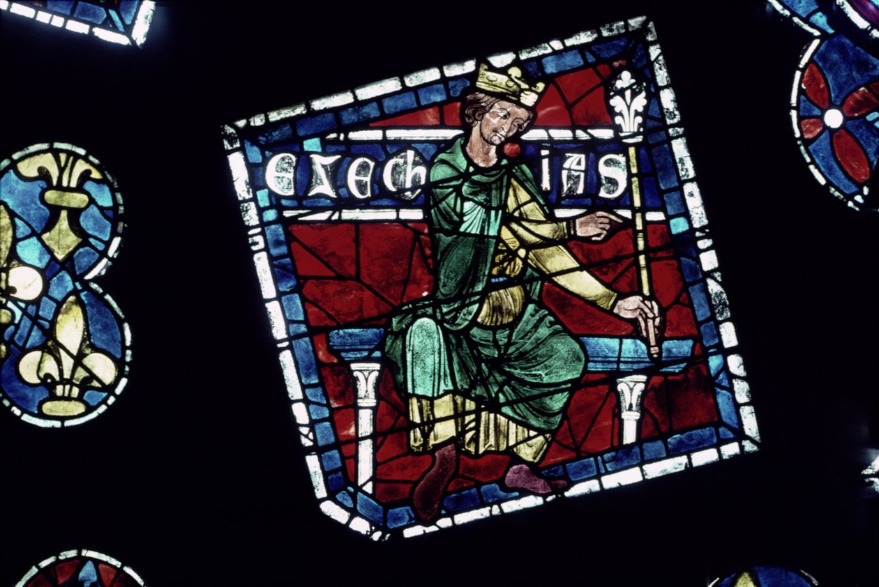 Král Ezechiáš, detail ze severního rozetového okna, kolem roku 1223 od French School