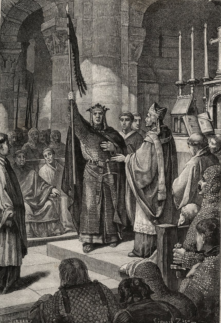 Král Ludvík VII. (1120-1180) přebírá oriflame v bazilice Saint Denis (Saint Denis) za přítomnosti královny Alienor Akvitánské a přijímá čmeláka a pannetiere z pelerinu z rukou papeže Evžena III. (? -1153) před jeho odjezdem od French School