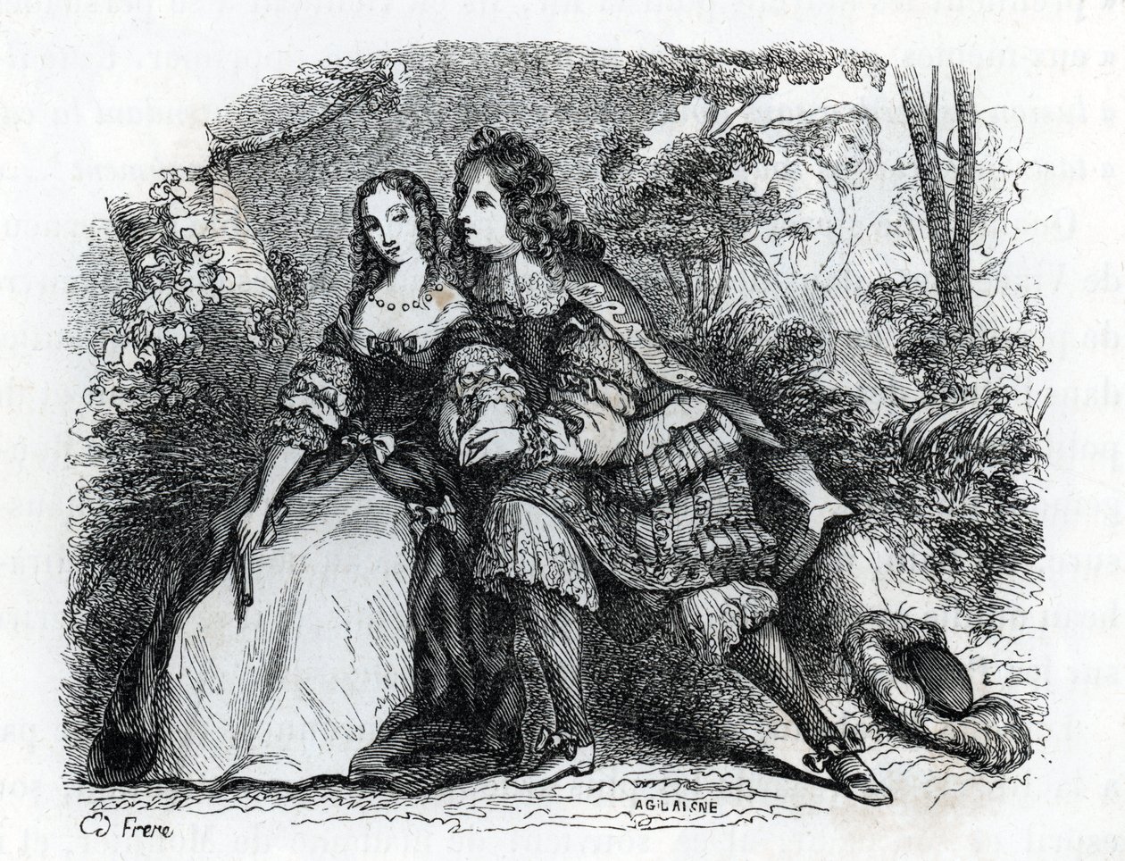 Král Ludvík XIV. (1638-1715) a jeho milenka Louise de La Valliere (1644-1710) - (rytina) 1846 od French School