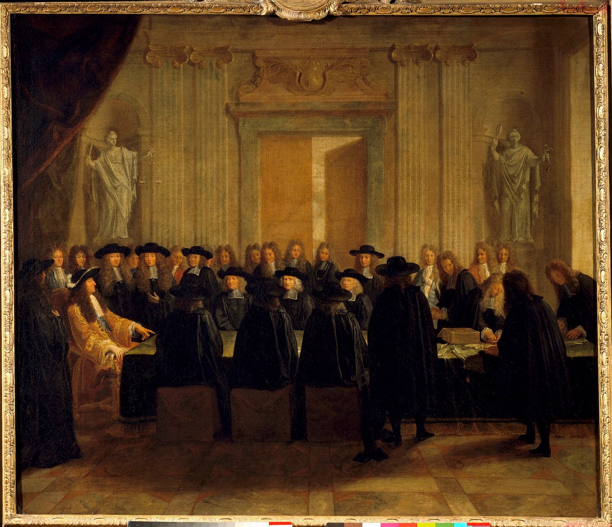 Král Ludvík XIV. (1638-1715) držící pečeti v přítomnosti státních radních a mistra žádostí, zatímco on sám zastával úřad francouzského kancléře mezi únorem a dubnem 1672 Anonymní obraz. Slunce 17. století. 1,10 x 1,28 m od French School