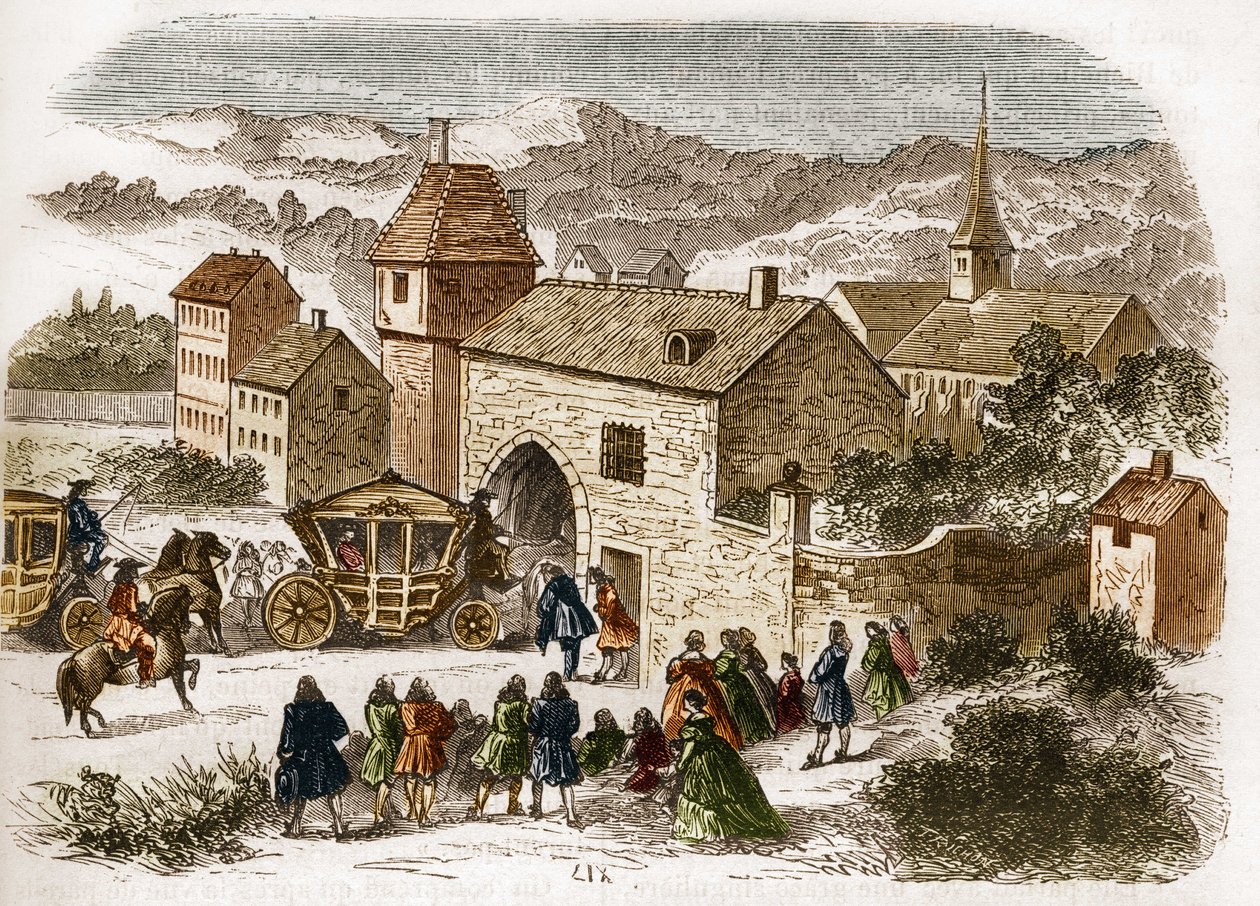 Král Ludvík XIV. (1638-1715) na návštěvě Melle de Fontanges (1661-1681) v Port Royal kolem roku 1680. Rytina v „Historie prostituce a zhýralosti mezi všemi národy světa od starověku po současnost“ od Dr. Th . -F. Debray. 1879. od French School