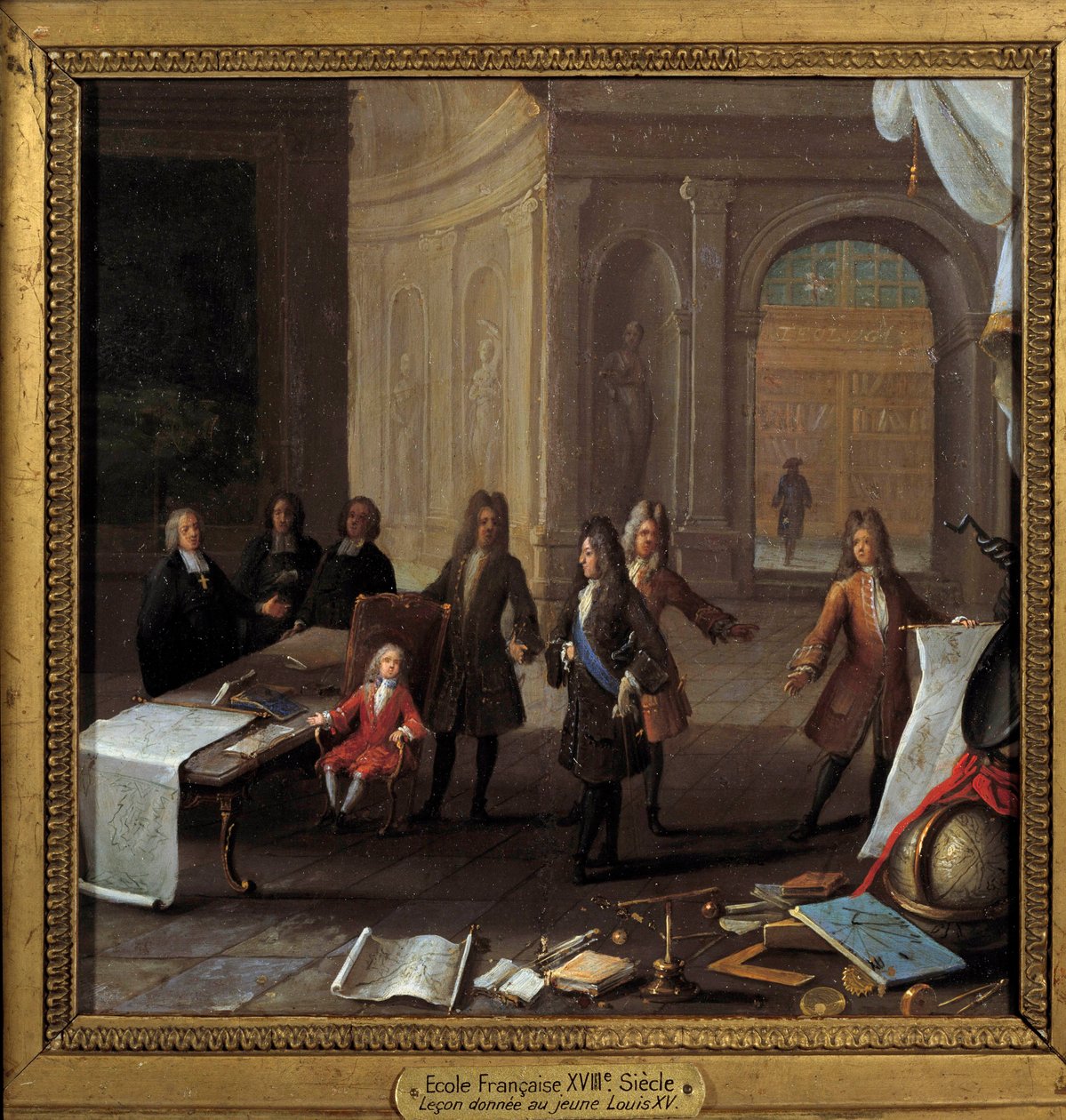 Král Ludvík XV. (1710-1774) dítě přijímající lekón za přítomnosti kardinála Fleuryho a regenta Filipa II. vévoda z Orleansu (1674-1723) Anonymní obraz z 18. století, olej na mědi Rozm. 0,23 x 0,23 m Paříž, Musee Carnavalet - Výuková scéna chi od French School