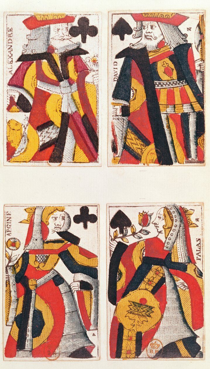 Hrací karty krále a královny (barevné dřevoryt) od French School