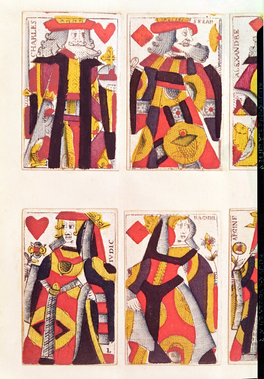 Hrací karty krále a královny (barevné dřevoryt) od French School