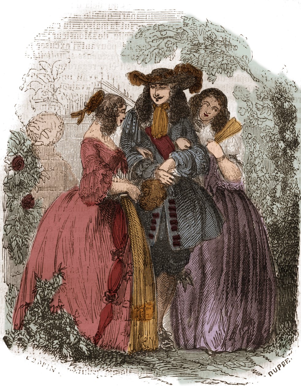 Francouzský král Ludvík XIV. (1638-1715) s Hortense Mancini (1646-1699) a jeho sestrou Marií Mancini (1639-1715). Mazarinovy neteře. Rytina 19. století. od French School