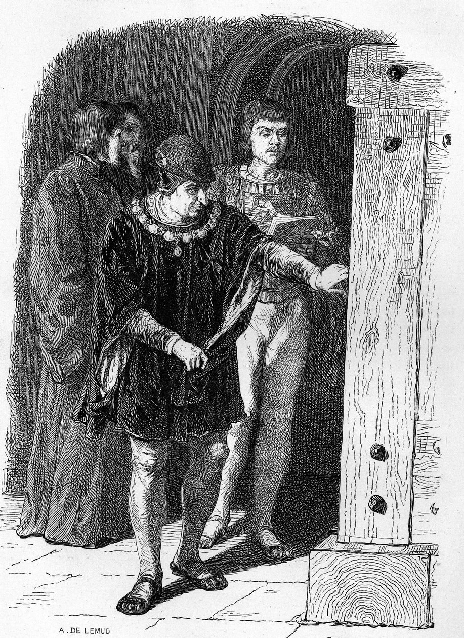 Francouzský král Ludvík XI. na návštěvě klecí Bastily. Rytina v „“ Notre Dame de Paris““ od Victora Huga od French School