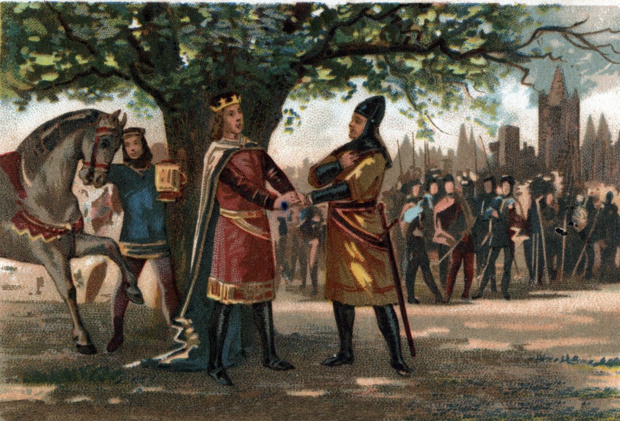 Francouzský král Philippe Augustus (1165-1223) se setkal se Lvím srdcem krále Richarda v Saint Denis během dobytí Oriflame. Chromolitografie kolem roku 1890. od French School