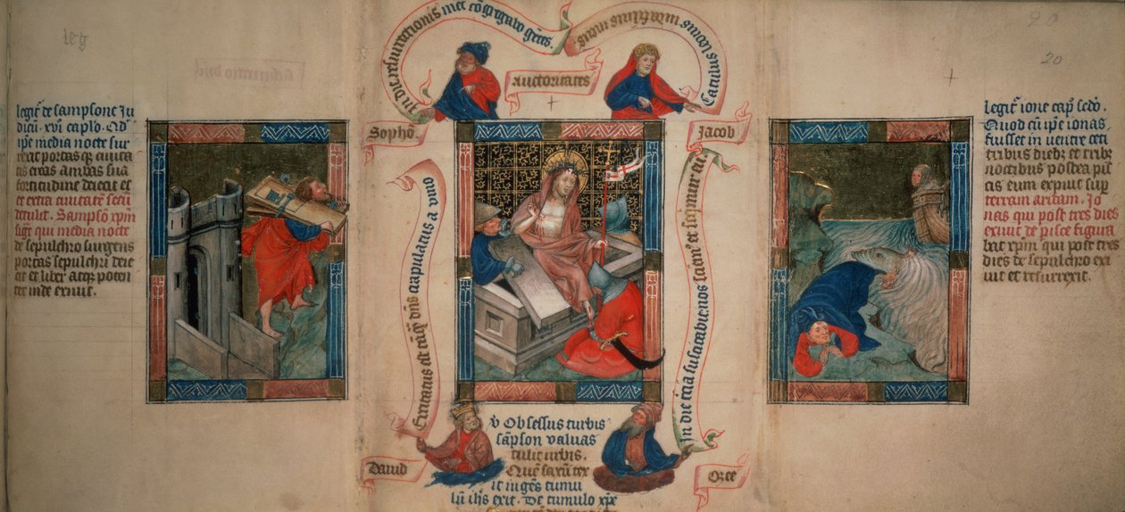 Kings 5 f.20 The Resurrection, Samson boří brány Gazy, Jonáš útěk před velrybou, z Biblia Pauperum, počátek 15. století (vellum) od French School