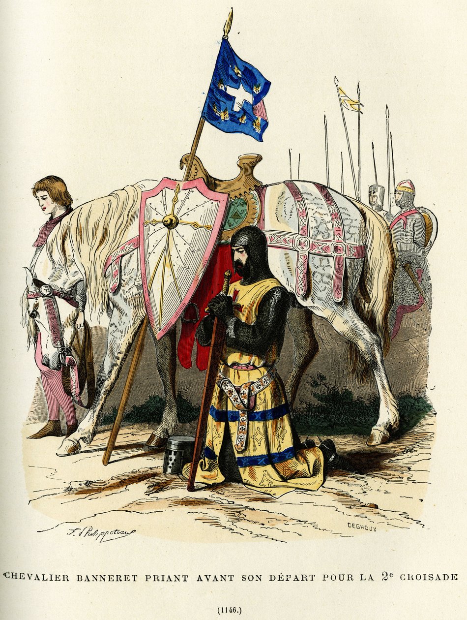 Rytíř praporu (šlechtický titul, který dává právo nosit prapor) se modlí před odjezdem na druhou křížovou výpravu (1147-1149). Barevná rytina, in "France et les francais a travers les siecles" Augustin Challamel, F.Roy editor, Paris 1882. od French School