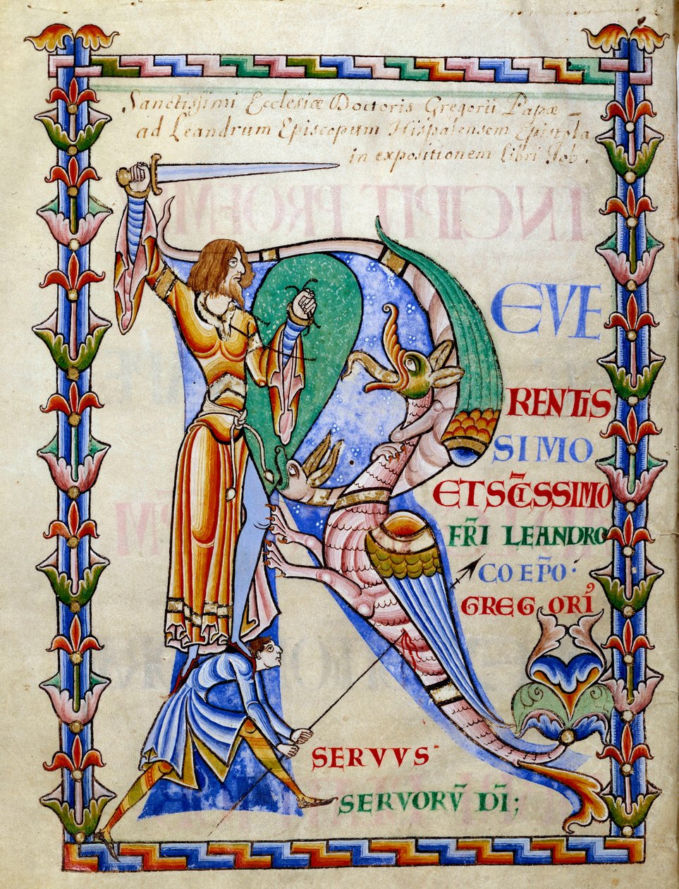 Rytíř bojující s drakem - lettrine R (iniciála), Miniatura z rukopisu "Moralia in Job", Morales sur Job od Saint Gregoire, z opatství citeau od French School