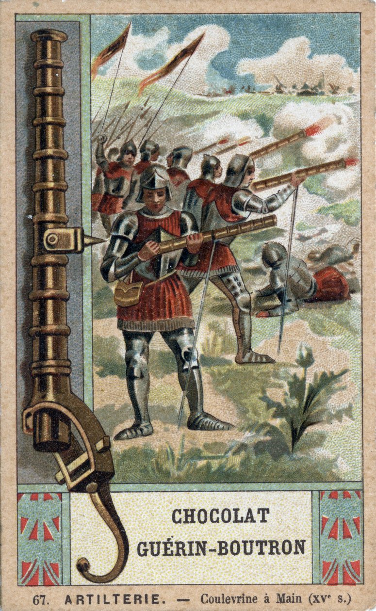 Rytíř manévrující ruční coulevrine z 15. století. Chromolitografie čokolád Guérin-Boutron z 19. století. od French School