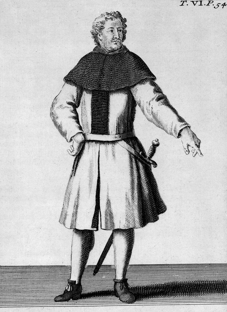 Rytíř Řádu Alcantary, kolem roku 1300, ilustrace z „Histoire et Costumes des Orders Monastiques“ od Pierra Helyota (1660-1716) od French School