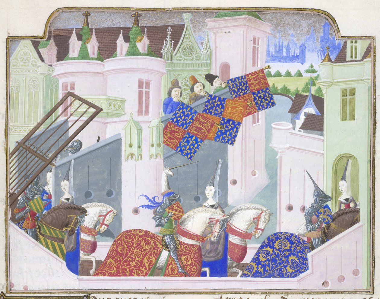 Rytíři a dámy vyjíždějí na turnaj do Londýna, z Froissartovy kroniky, konec 15. století (vellum) od French School