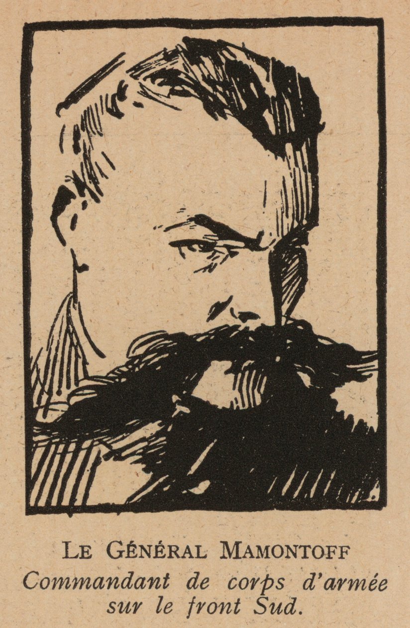 Konstantin Mamontov, donský kozácký generál Bílé armády v jižním Rusku, ruská občanská válka (litografie) od French School