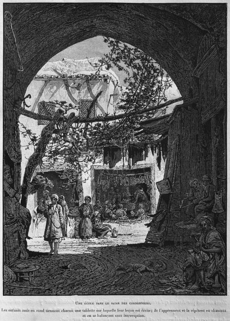 Škola koránu v ševcovském baazaru, z La Terre Sainte of Victor Guerin, 1884 (č. rytina) od French School