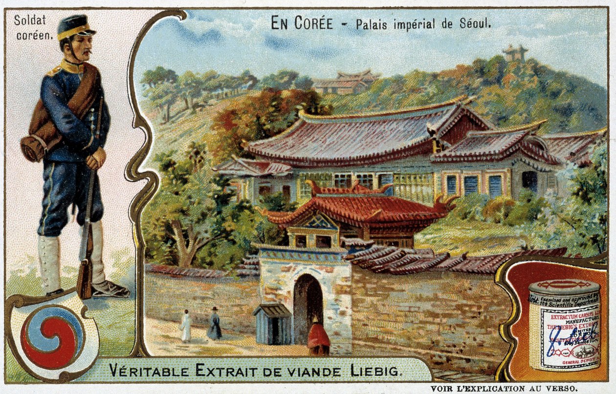 Korea: Soulský císařský palác a kostým vojáka – Liébig chromo, v.1900 od French School