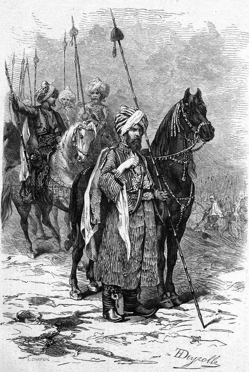Kurdští vojáci v roce 1877 během východní války (1875-1878) nazývané také turecká ruská válka (rusko-turecká). Rytina v „“ Le Monde Illustré““ č. 1055 z 30. června od French School