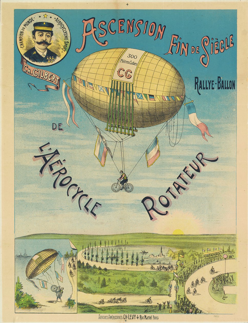 "L"Aerocycle Rotateur", reklamní plakát na kolo horkovzdušným balónem, kolem roku 1890 od French School