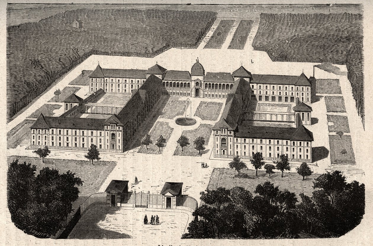 Imperial Asylum of Vesinet (současná nemocnice Vesinet) v Yvelines - rytina „“ PATILE““ - PECTURERICKÝ POPIS FRANCIE V 6 SVAZTECH LUCIEN HUARD - konec 19. století od French School