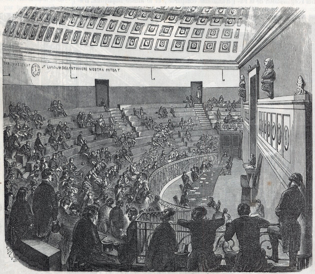 Pařížská lékařská fakulta – velký amfiteátr – rytina v „Tableau-de-Paris“ od Edmonda Texiera 1852 od French School