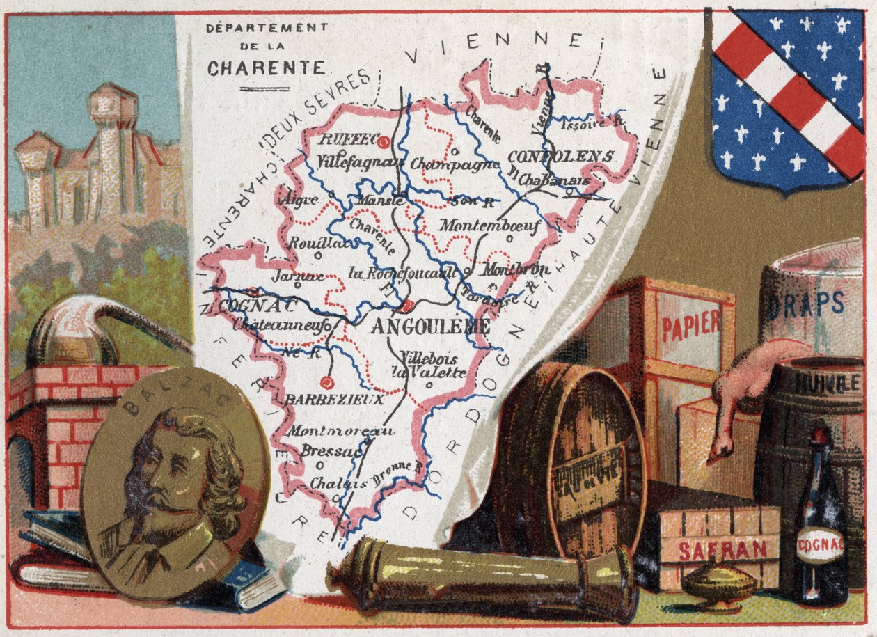 La Charente (16), Poitou-Charentes (Poitou Charentes), Francie. Portrét Honore de Balzac (1799-1850), francouzského spisovatele. Místní specialita: brandy, šafrán, papír, plechy, olej, brandy. Seriál o francouzských departementech. Chromolitografie (Chromo od French School