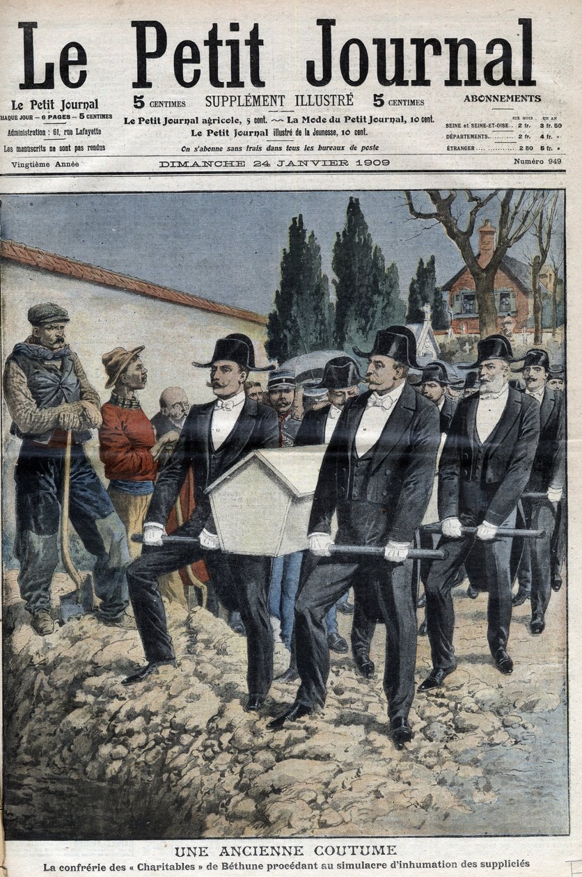 La Confrerie des Charitables de Saint Eloi (Saint-Eloi) de Bethune postupuje k simulaci pohřbu proseb po popravě kapely v Pollet, gilotiny 11. ledna – „“Le Petite Journal““ z 24. ledna od French School