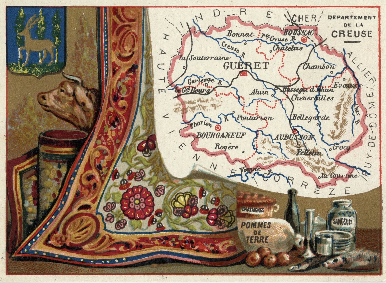La Creuse (23), Le Limousin, Francie. Kaštany, brambory a pijavice. Seriál o francouzských departementech. Chromolitografie (Chromo) „“zeměpisné vlákno“, kolem roku 1920. Soukromá sbírka. od French School