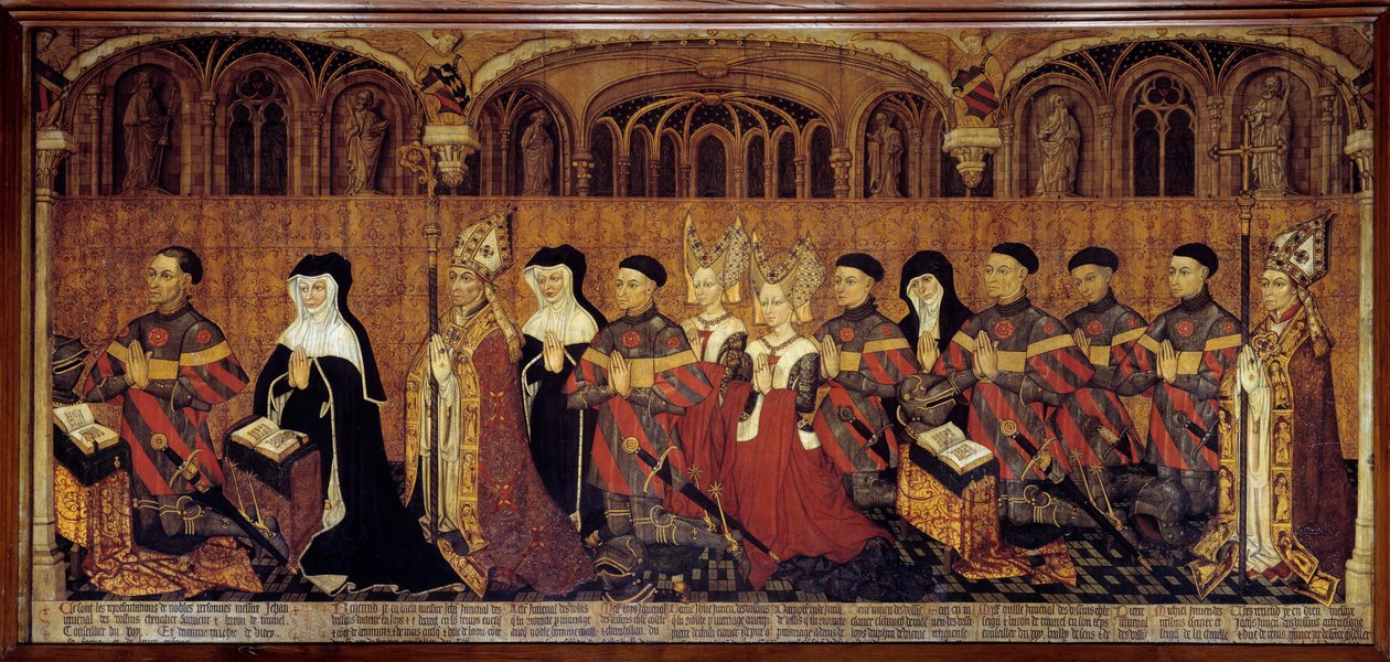 La Famille Jouvenel des Ursins Rychtář, prevot Jean Jouvenel des Ursins nebo Jean Juvenal des Ursins (1360-1431), zastupuje se svými rodinnými příslušníky v modlitbě. Malba na dřevo francouzské školy. 1443-1449. Slunce 1,3x3,5 m Paříž, národní muzeum t. zv od French School