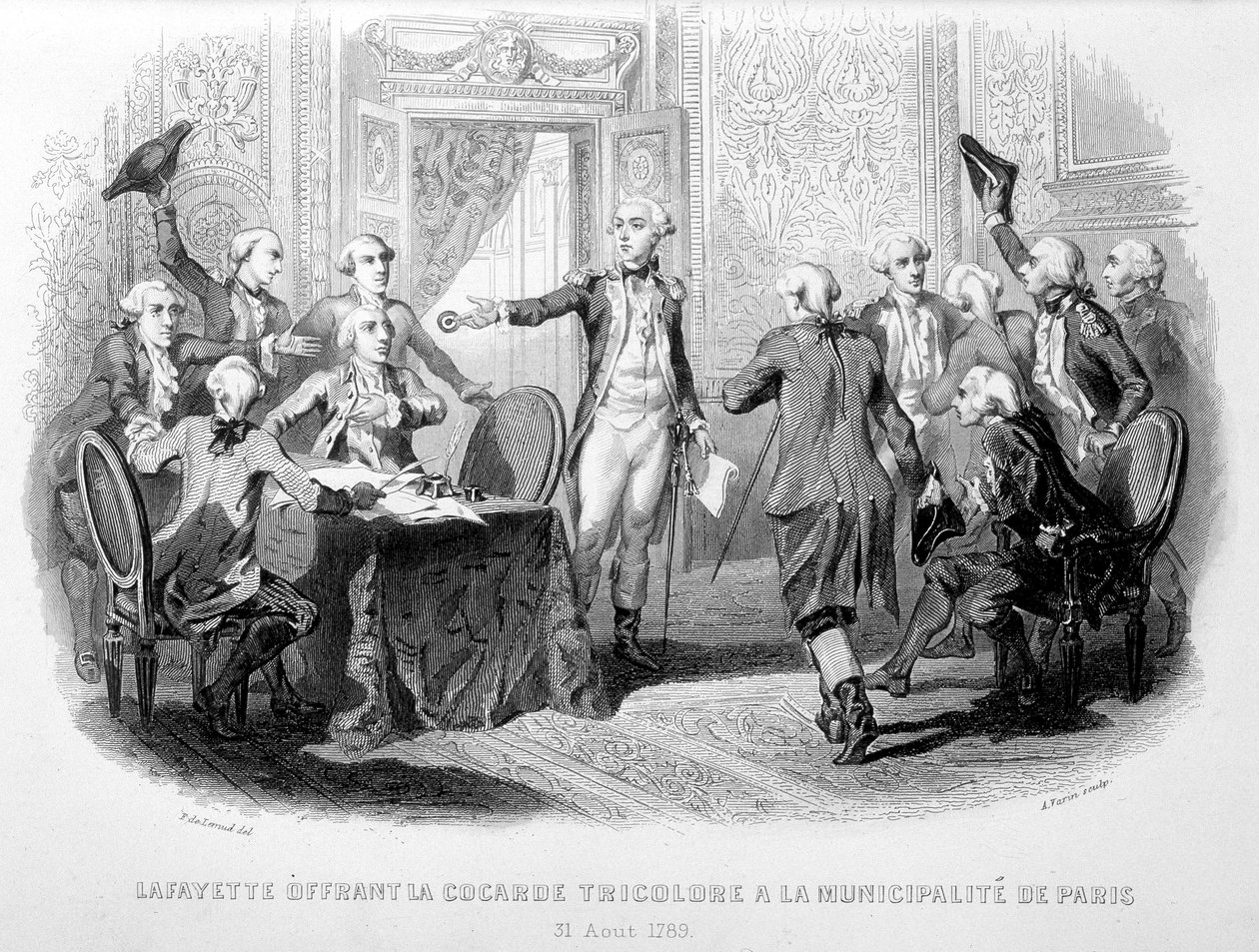 La Fayette (Lafayette) nabízející Cocard Tricolore magistrátu Paříže (31. srpna 1789) - ve „Festes de Gardes Nationales de France““ od French School