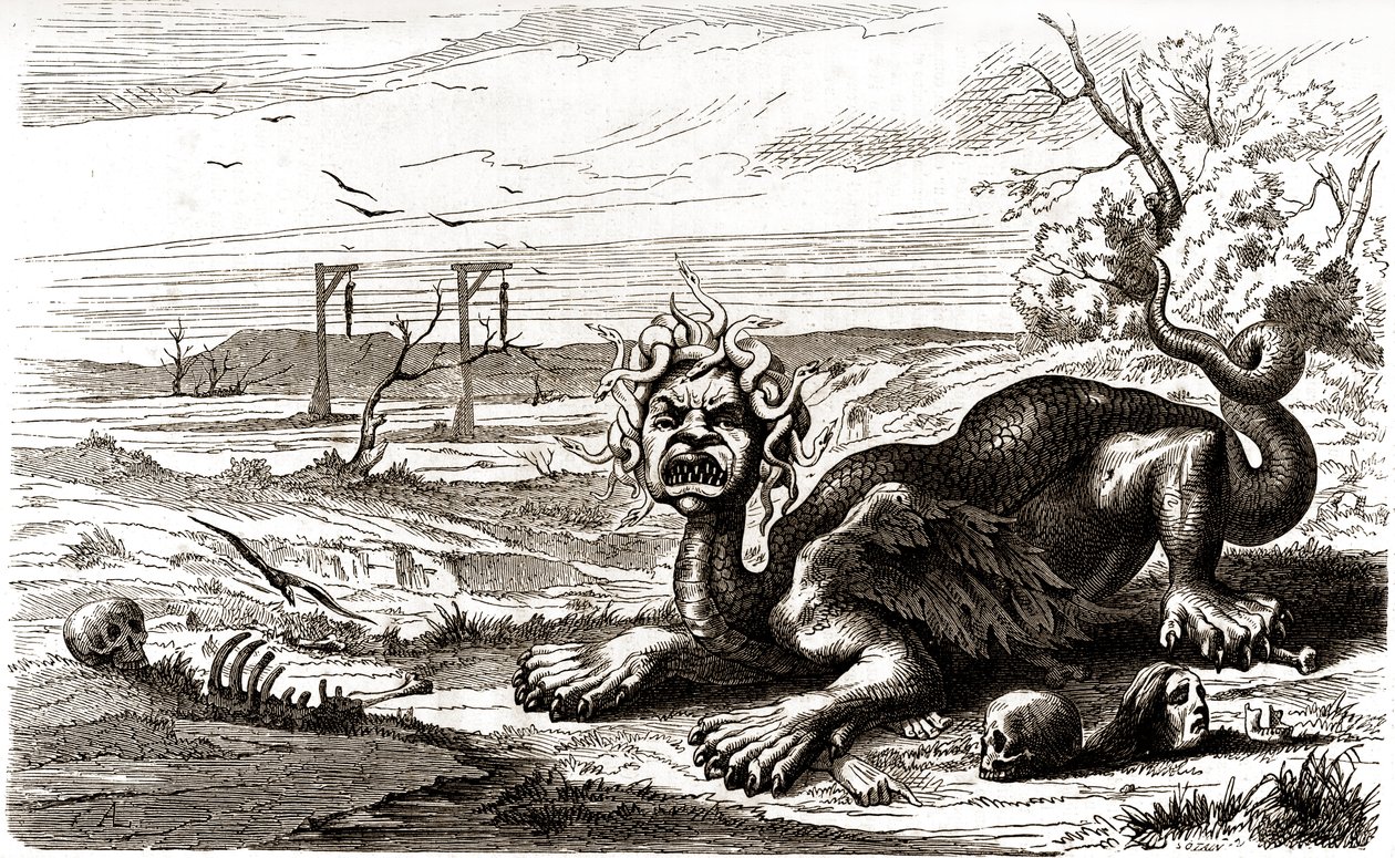 La Frond (1648-1653): obludné zvíře s hadí srstí, které stojí nad lidskými mrtvolami a kostrami. od French School