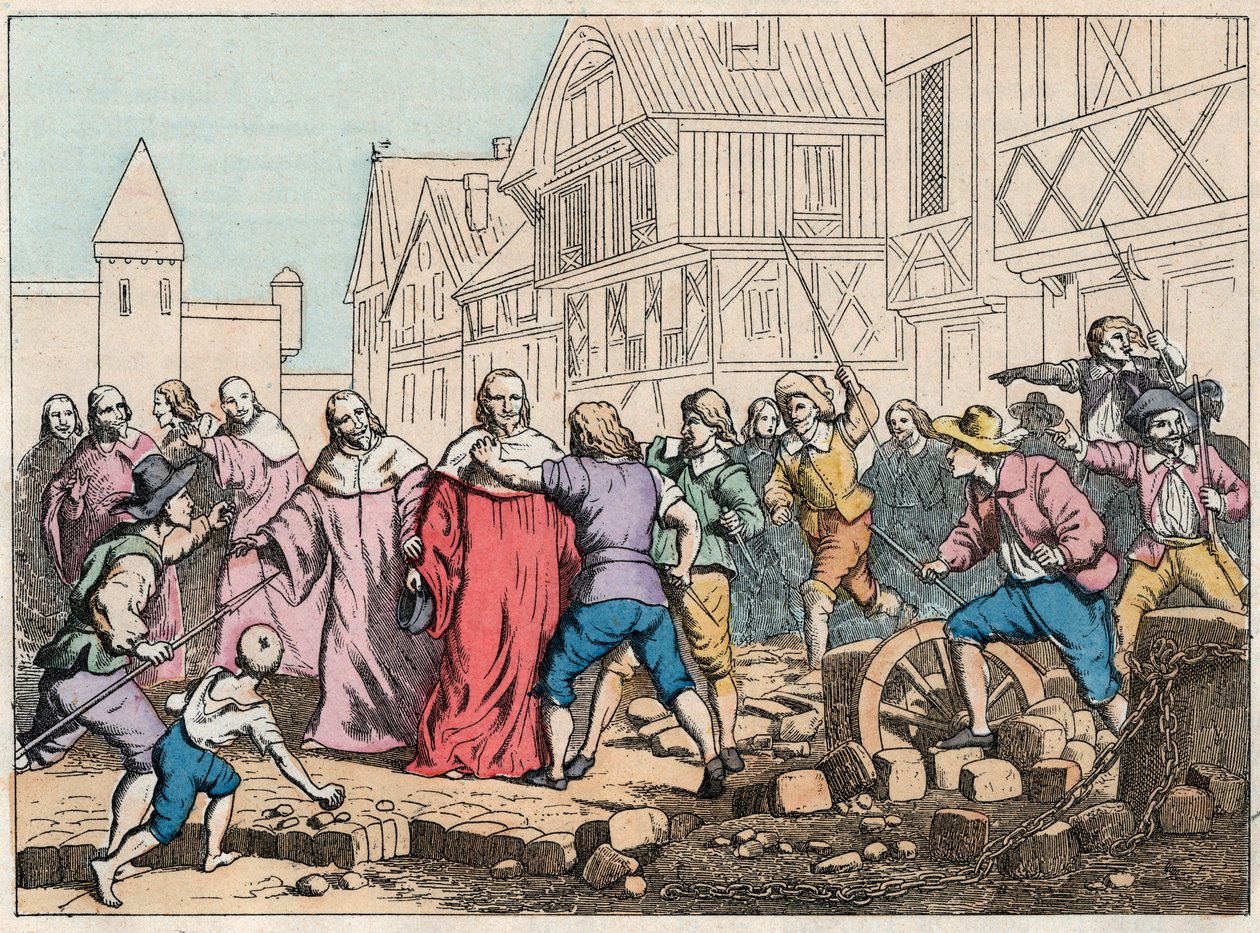 La Fronde (27. srpna 1648) - barikády v Paříži: rotorový chlapec ohrožující předsedu parlamentu Mathieu Mole (1584-1656) - Prezident Mole manipulovaný povstalci - Rytina konce 19. století v „“ Nos Gires Nationales - Obrázky a další od French School
