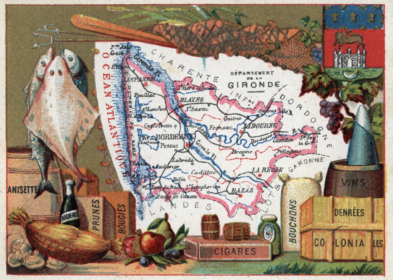La Gironde (33), Akvitánie, Francie. Místní specialita: ryby, anýz, víno z Bordeaux, švestky, svíčky, doutníky, zátky a koloniální jídlo. Seriál o francouzských departementech. Chromolitografie (Chromo) „“zeměpisné vlákno“, kolem roku 1920. Soukromá sbírka od French School
