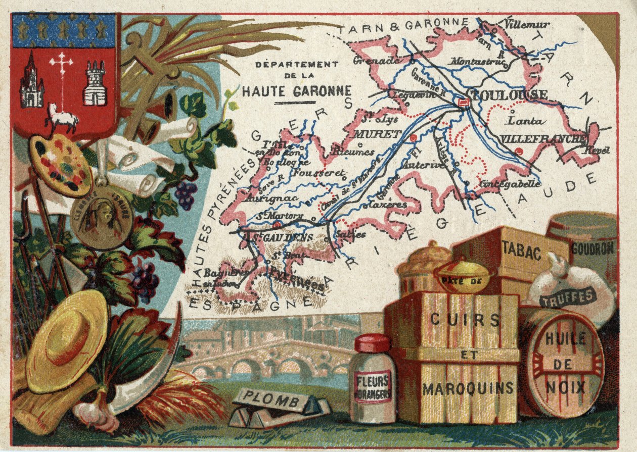 La Haute Garonne (Haute-Garonne, 31), Midi-Pyrenees (Midi Pyrenees), Francie. Místní specialita: olovo, pomerančové květy, pasta, kůže a kožené zboží, tabák, ořechový olej, dehet a lanýže. Seriál o francouzských departementech. Chromolitografie (Chromo) „“ od French School