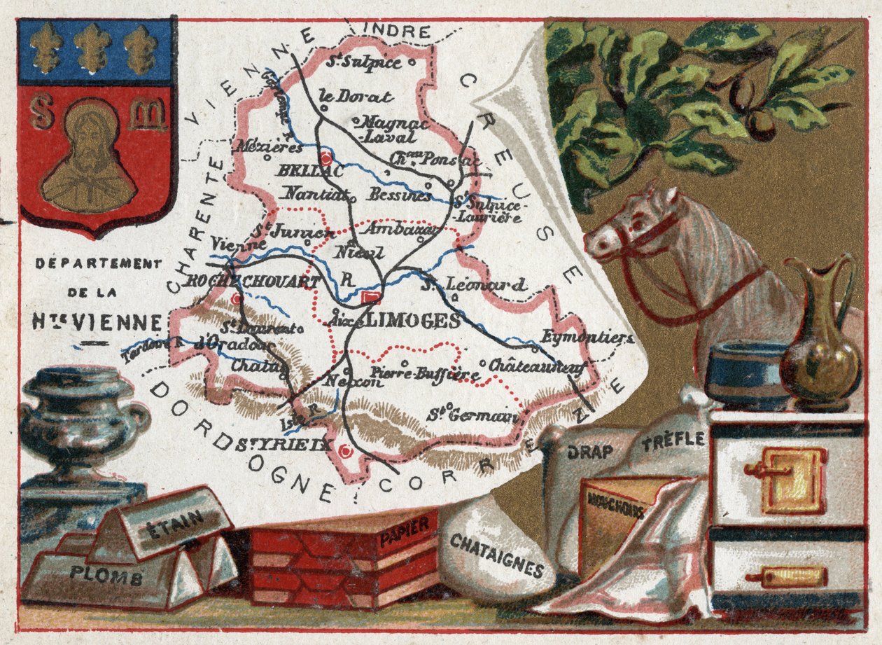 La Haute Vienne (Haute-Vienne, 87), Limousin, Francie. Cín, olovo, kaštanový papír, list, jetel a kapesníčky. Seriál o francouzských departementech. Chromolitografie (Chromo) „“zeměpisné vlákno“, kolem roku 1920. Soukromá sbírka. od French School