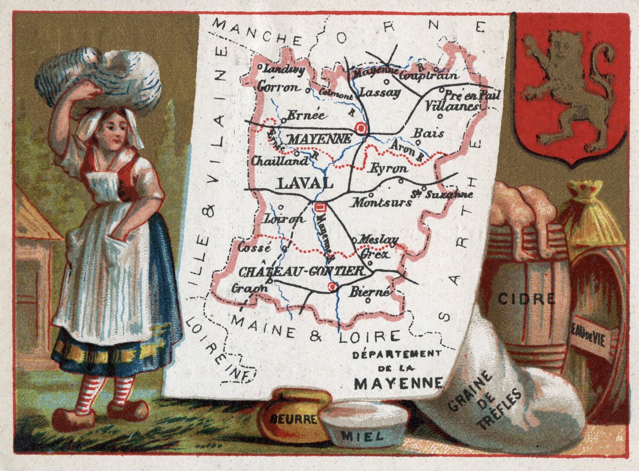 La Mayenne (53), Pays de la Loire, Francie. Sedlák, máslo, med, semena treflů, jablečný mošt a brandy. Seriál o francouzských departementech. Chromolitografie (Chromo) „“geografické vlákno“, kolem roku 1920. Soukromá sbírka. od French School