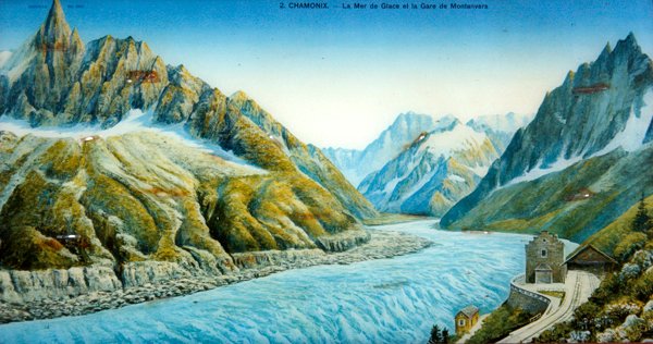La Mer du Glace, Aiguille du Dru a stanice Montanvers, kolem roku 1900 (barevný snímek) od French School