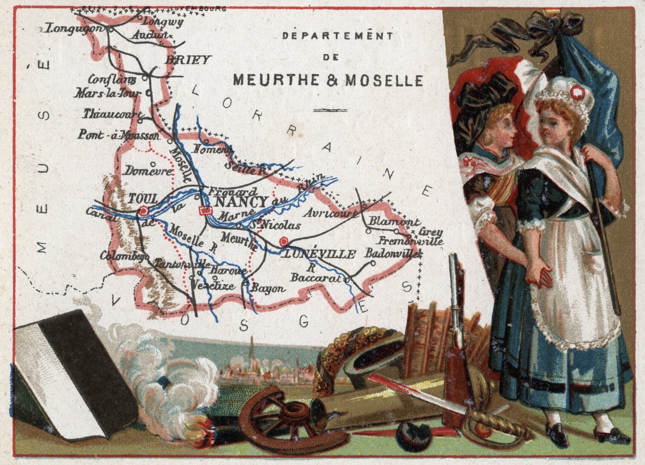 La Meurthe et Moselle (Meurthe-Et-Moselle, 54), Lorraine, Francie. Portrét dvou revolučních žen. Seriál o francouzských departementech. Chromolitografie (Chromo) „“zeměpisné vlákno“, kolem roku 1920. Soukromá sbírka. od French School