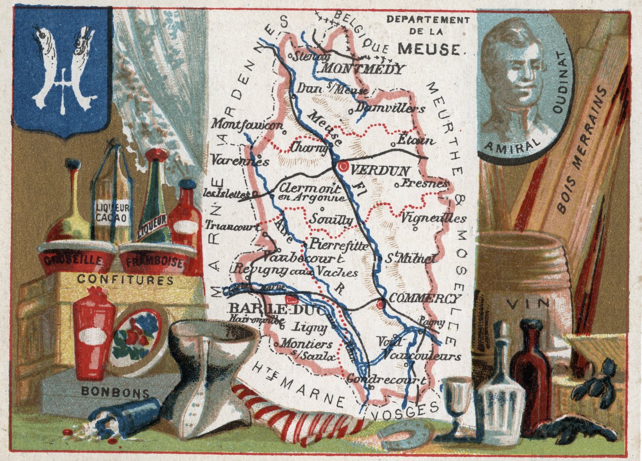 La Meuse (55), Lorraine, Francie. Portrét admirála Oudinata (spíše Nicolas Charles Marie Oudinot, vévoda z Reggia 1767-1847), Marechal of Empire. Místní specialita: angrešt a likér Frambois, sladkosti, víno a merrains lesy. Seriál o francouzské Depě od French School