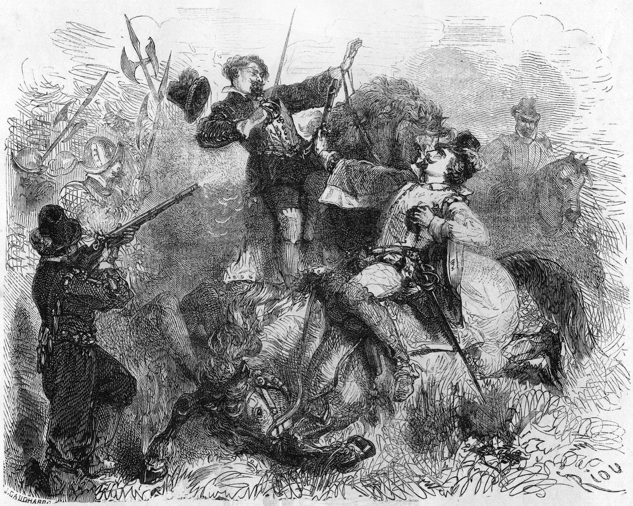 La Renaudie, gentleman z Limousinu, bojující za náboženskou svobodu, zabit 16. března 1559 během bitvy. V “” Histoire Populaire de la France””, sd. kolem 1885. Rytina. od French School