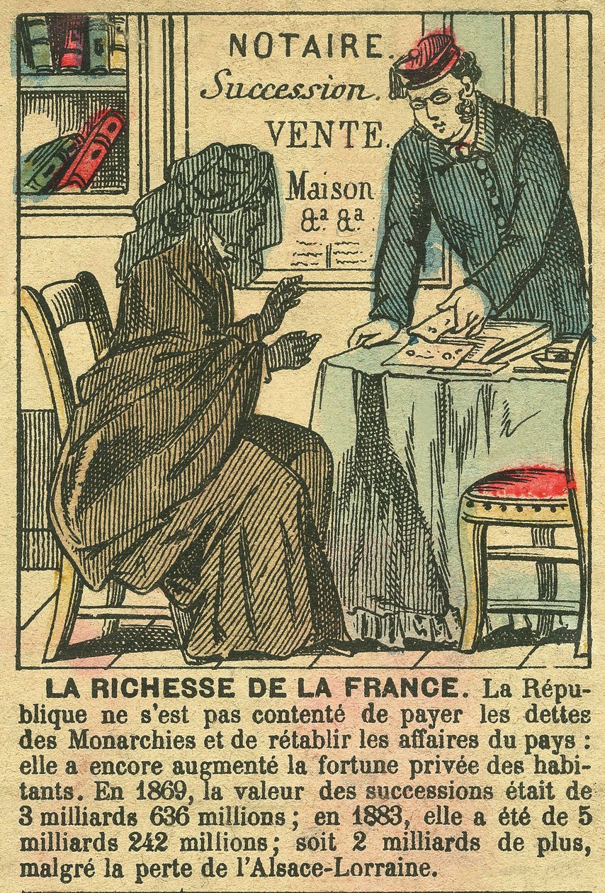 La Riche de la France, který ilustruje přínos třetí republiky pro osobní obohacení Francouzů. Rytina, příloha listu "Le Figaro", 30. 3. 1889, Paříž. od French School