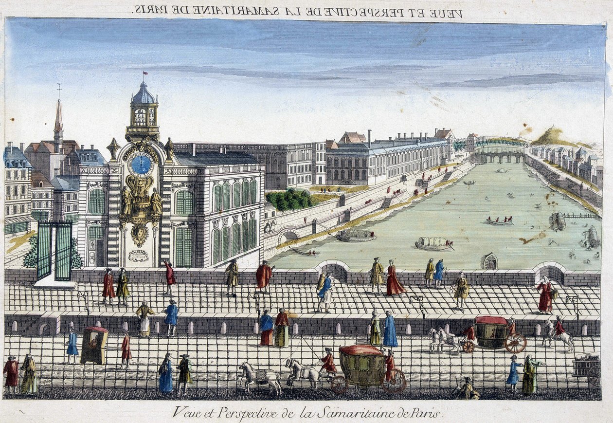 La Samaritaine (vodní pumpa) na Pont Neuf v Paříži - optický pohled od French School